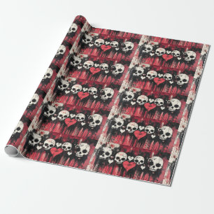 Papel De Regalo Calavera y corazones grunge - negrita Arte rojo y