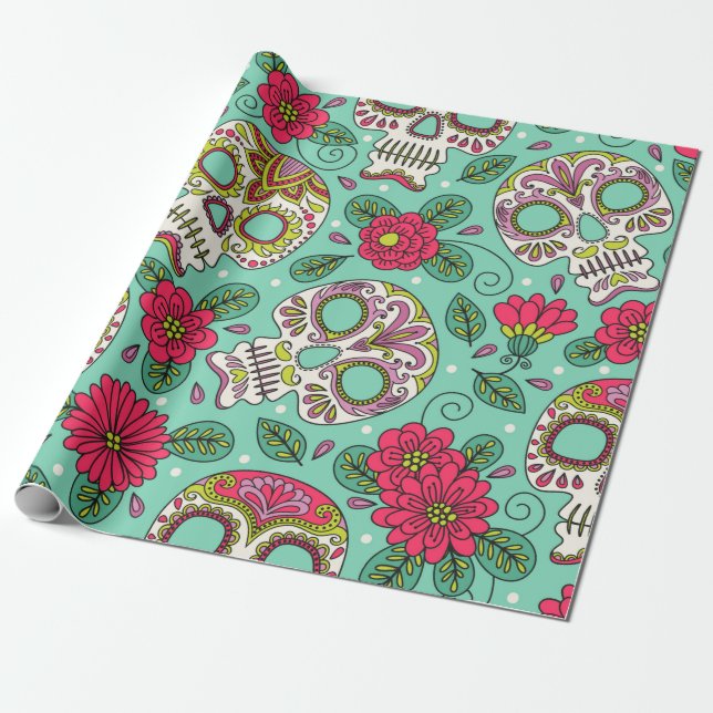 Papel De Regalo Calavera y flores. Fondo Sin Maravillas. da mexica (Desenrollado)