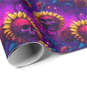 Papel De Regalo Calavera y girasoles - Brillo de Floración Gótica