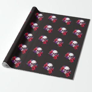 Papel De Regalo Calavera y Rosas: acuarela floral oscura.