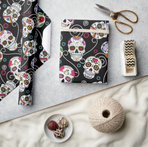 Papel De Regalo Calaveras azucareras y torneado negro ID725