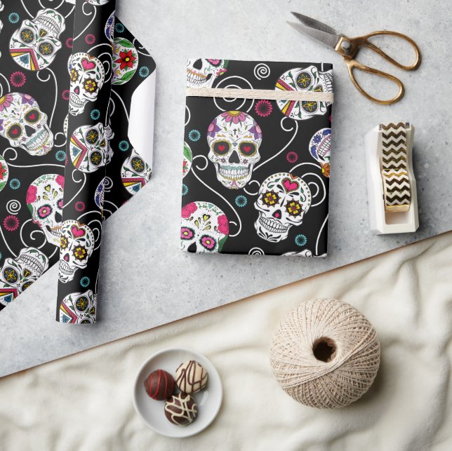 Papel De Regalo Calaveras azucareras y torneado negro ID725 (Artesanía)