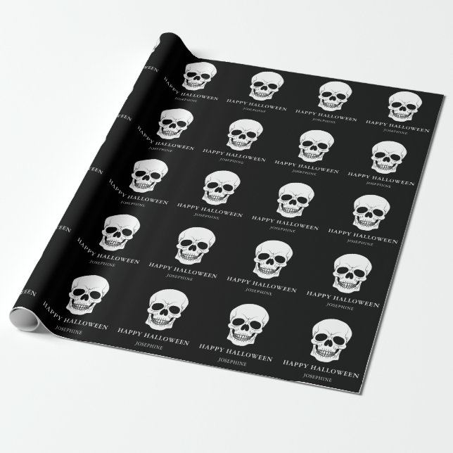 Papel De Regalo Calaveras blancas y negras Feliz nombre personaliz (Desenrollado)