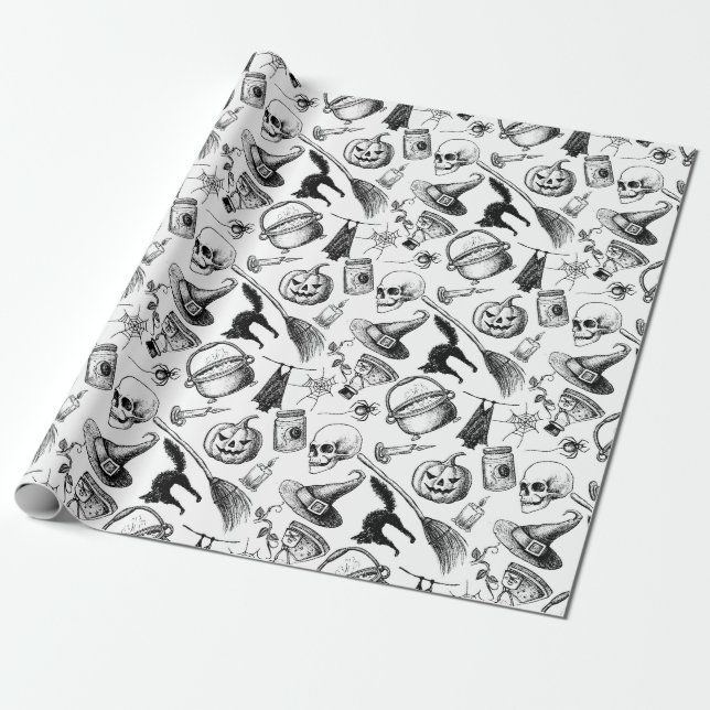 Papel De Regalo Calaveras Calabazas Broomsticks Bats Halloween (Desenrollado)