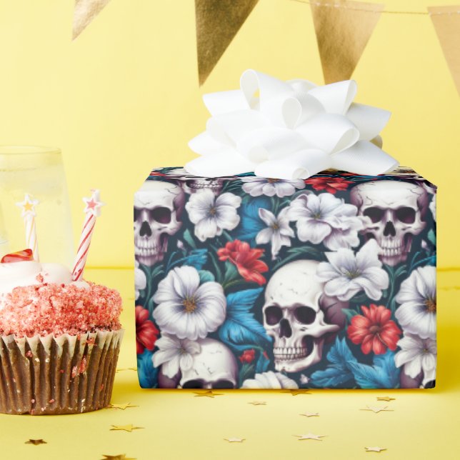 Papel De Regalo Calaveras con flores rojas y blancas (Fiesta de cumpleaños )