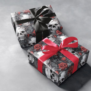 Papel De Regalo Calaveras de acuarela y rosas gris rojo