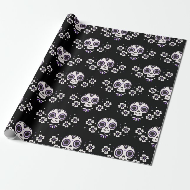 Papel De Regalo Calaveras de azúcar morado cutáneo Dia De Los Muer (Desenrollado)