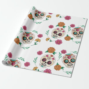 Papel De Regalo Calaveras de Azúcar y Flores del Día de Muertos