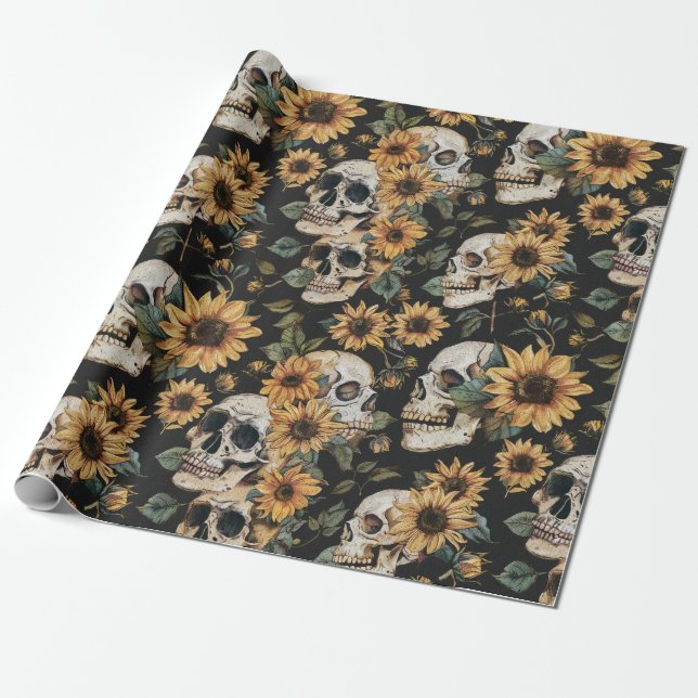 Papel De Regalo Calaveras de Gótico de verano y girasoles tembloro (Desenrollado)