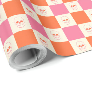 Papel De Regalo Calaveras de tablero de ajedrez en rosa, Naranja y