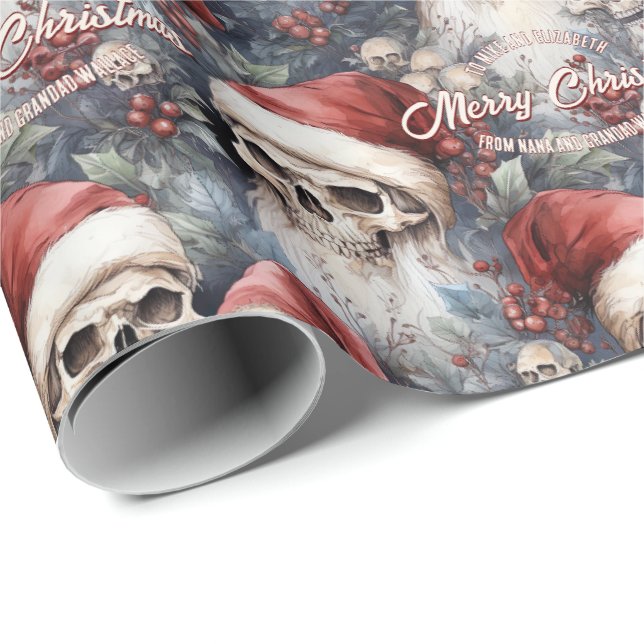 Papel De Regalo Calaveras en Santa Hats Navidades góticos (Esquina del rollo)