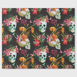 Papel De Regalo Calaveras espeluznantes con flores Halloween