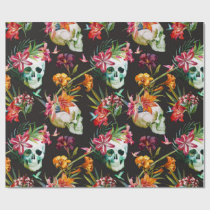 Papel De Regalo Calaveras espeluznantes con flores Halloween