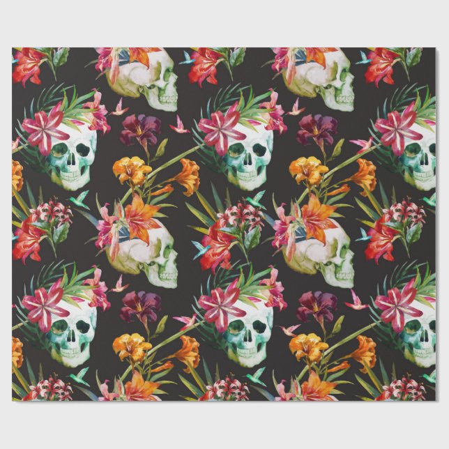 Papel De Regalo Calaveras espeluznantes con flores Halloween (Superficie plana)