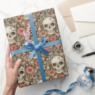 Papel De Regalo Calaveras espeluznantes y flores rojas