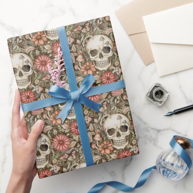 Papel De Regalo Calaveras espeluznantes y flores rojas (Regalar)