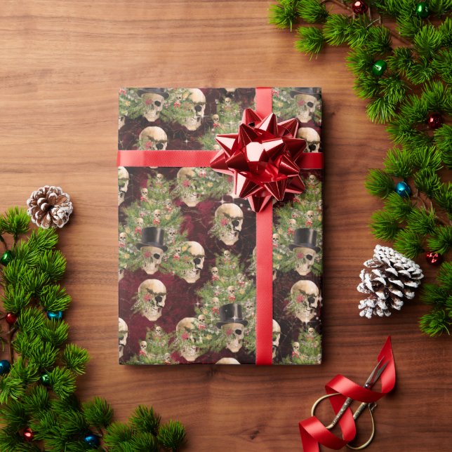 Papel De Regalo Calaveras góticas del árbol de Navidad y luces roj (Regalo de vacaciones)