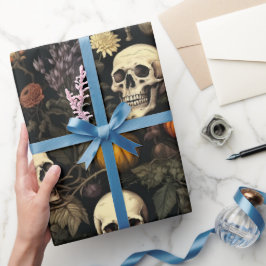 Papel De Regalo Calaveras y calabazas botánicas de Halloween
