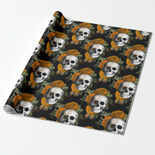 Papel De Regalo Calaveras y flores Naranjas en negro