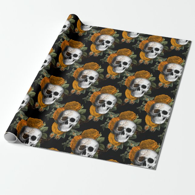Papel De Regalo Calaveras y flores Naranjas en negro (Desenrollado)