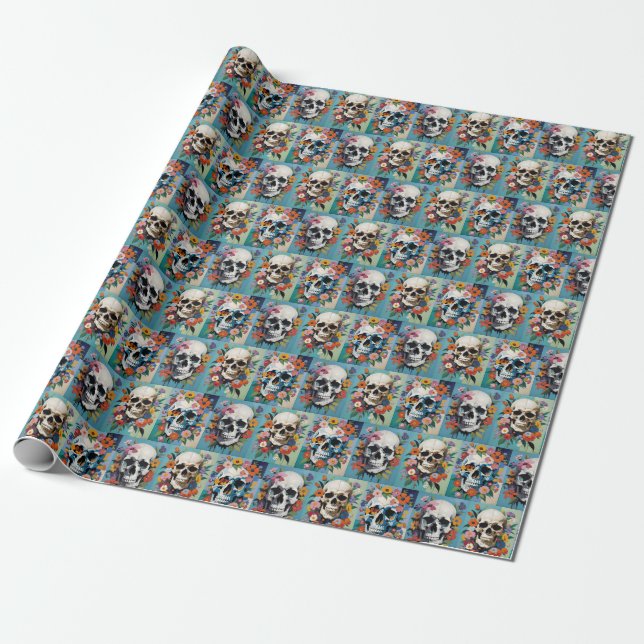 Papel De Regalo Calaveras y Rosas de estilo barroco (Desenrollado)
