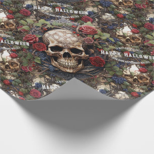 Papel De Regalo Calaveras y Rosas Floral Azul Halloween gótico