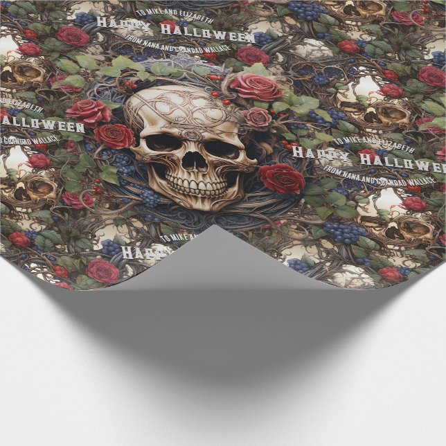 Papel De Regalo Calaveras y Rosas Floral Azul Halloween gótico (Esquina)