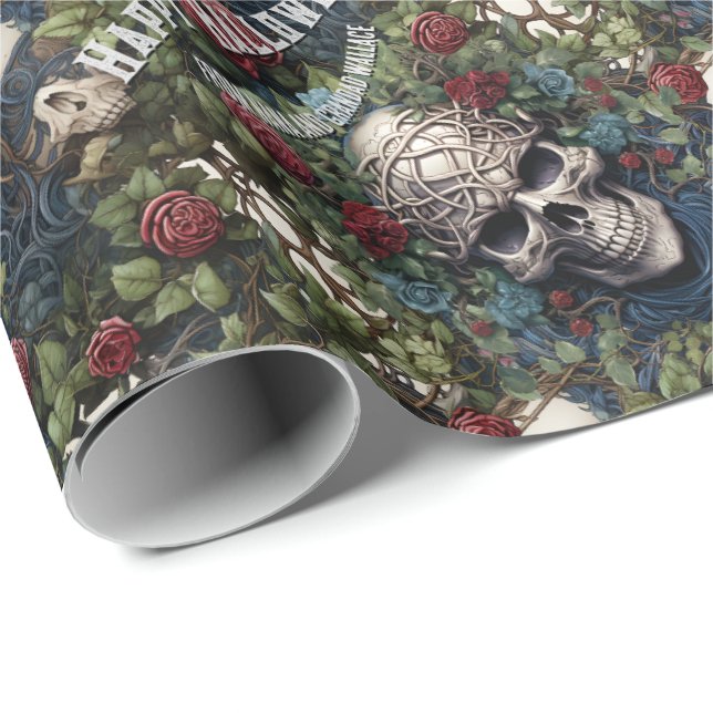 Papel De Regalo Calaveras y Rosas Floral Azul Halloween gótico (Esquina del rollo)