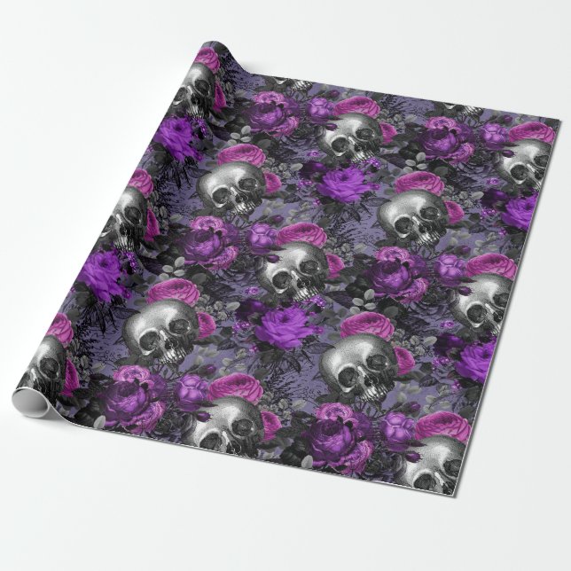 Papel De Regalo Calaveras y Rosas púrpuros en morado claro (Desenrollado)