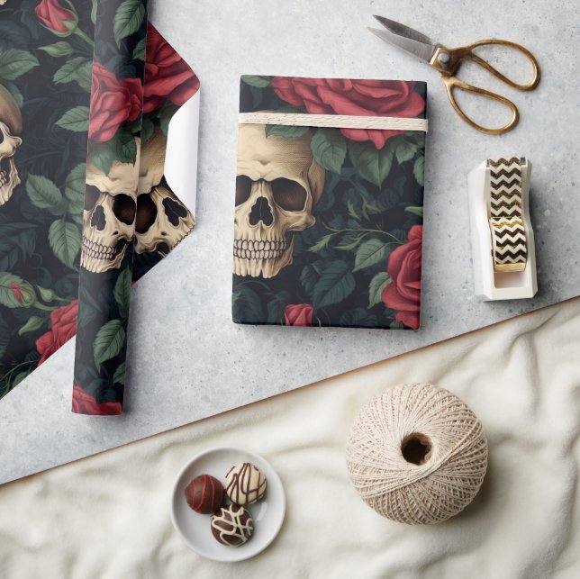 Papel De Regalo Calaveras y rosas rojas (Artesanía)