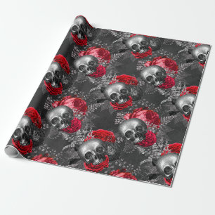 Papel De Regalo Calaveras y rosas rojas en gris
