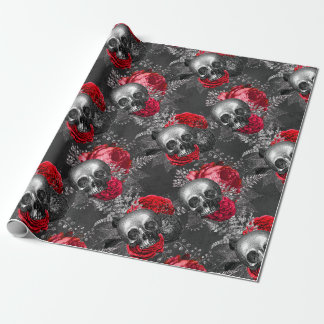 Papel De Regalo Calaveras y rosas rojas en gris