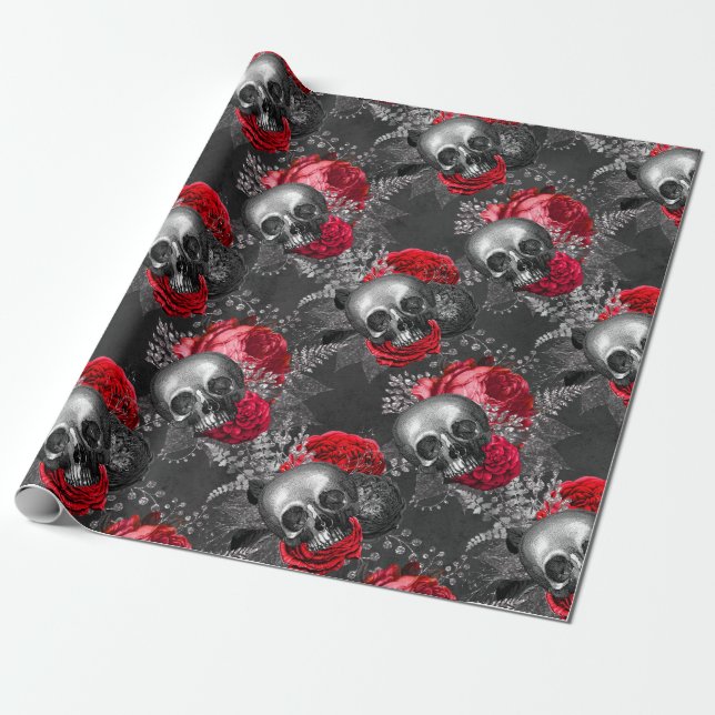 Papel De Regalo Calaveras y rosas rojas en gris (Desenrollado)