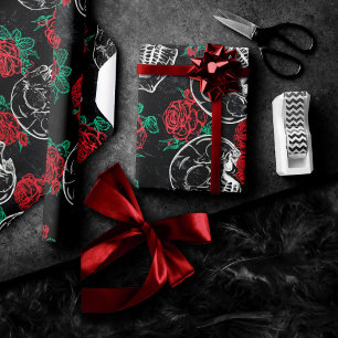 Papel De Regalo Calaveras y rosas rojas   Gótico moderno Glam Grun