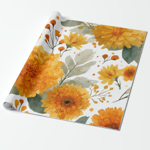 Papel De Regalo Caléndula naranja Botánica Acuarela floral Otoño