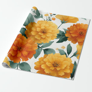 Papel De Regalo Caléndula naranja Botánica Acuarela floral Otoño