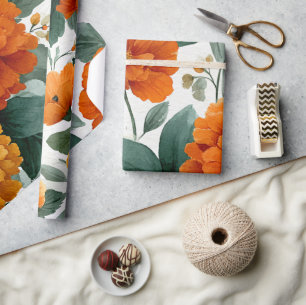 Papel De Regalo Caléndula naranja Botánica Acuarela floral Otoño