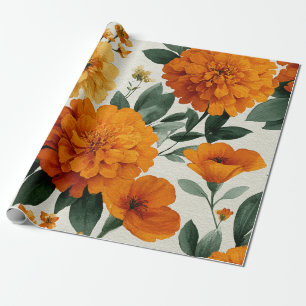 Papel De Regalo Caléndula naranja Botánica Floral Acuarela Otoño