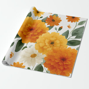 Papel De Regalo Caléndula naranja Botánica Floral Acuarela Otoño