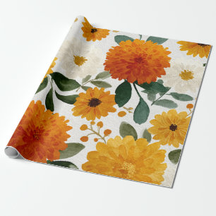 Papel De Regalo Caléndula naranja Botánico Floral Acuarela Otoño