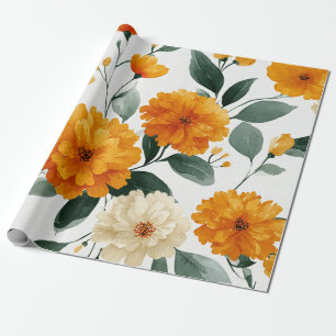 Papel De Regalo Caléndula naranja Botánico Floral Acuarela Otoño