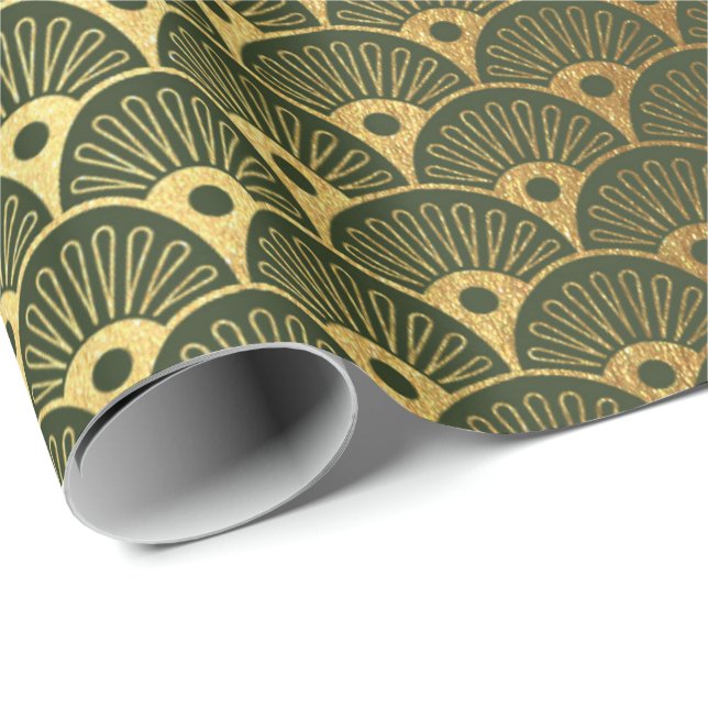 Papel De Regalo Cali Woodland Green Metallic Seasheles Art Deco (Esquina del rollo)