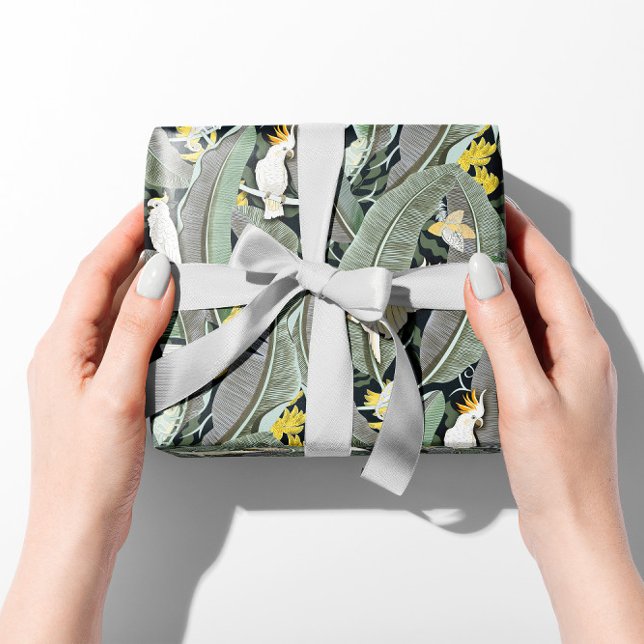 Papel De Regalo Cálido oasis de hojas de plátano verde con Cockato (Subido por el creador)