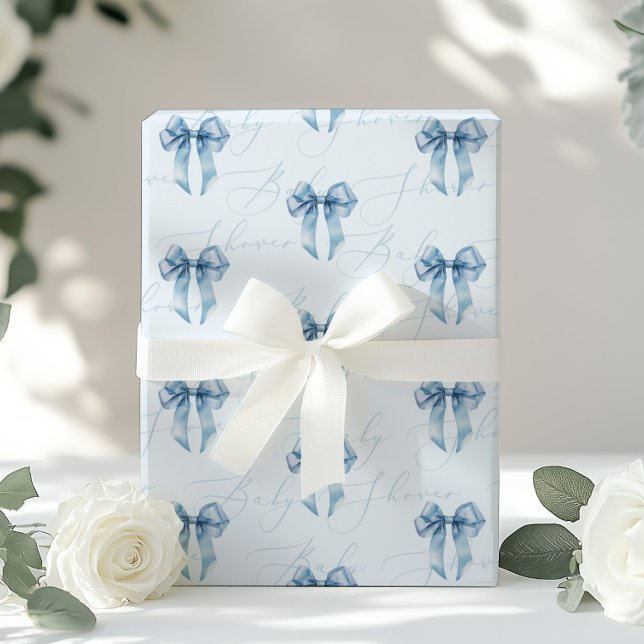Papel De Regalo Caligrafía de Blue Bow Baby Shower moderno (Subido por el creador)