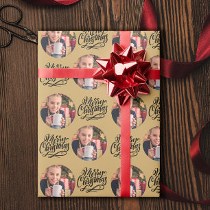 Papel De Regalo Caligrafía Navideña Redonda Foto Dorada