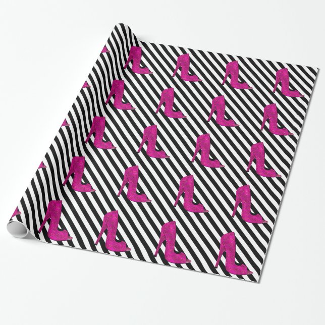 Papel De Regalo Calzado de tacones altos rosados franja blanca neg (Desenrollado)