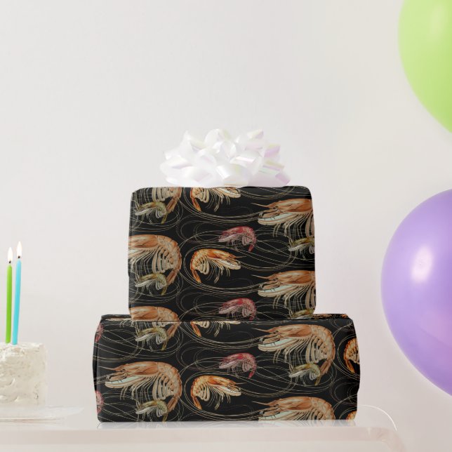 Papel De Regalo Camarón Mariscos Mariscos Patrón Negro (Regalos de fiesta)