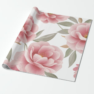 Papel De Regalo Camelia Floral Rosa Elegante con Hojas Verdes