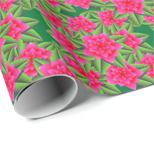 Papel De Regalo Camelias Rosa Fucsia y Hojas Verdes