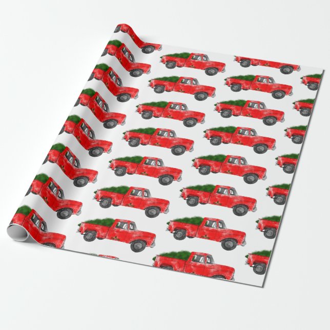 Papel De Regalo Camión agrícola de Navidades rojos (Desenrollado)